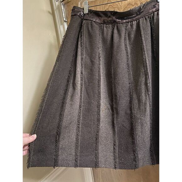 DOROTHEE BIS SKIRT BROWN W/SEQUIN BAND PLEATS DOWN W/TORN FRINGE SIZE 10 **READ - Picture 2 of 11